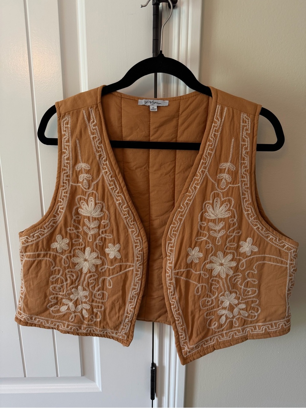 Polagram Embroidered Tan Quilted Vest with Cream Floral Stitching